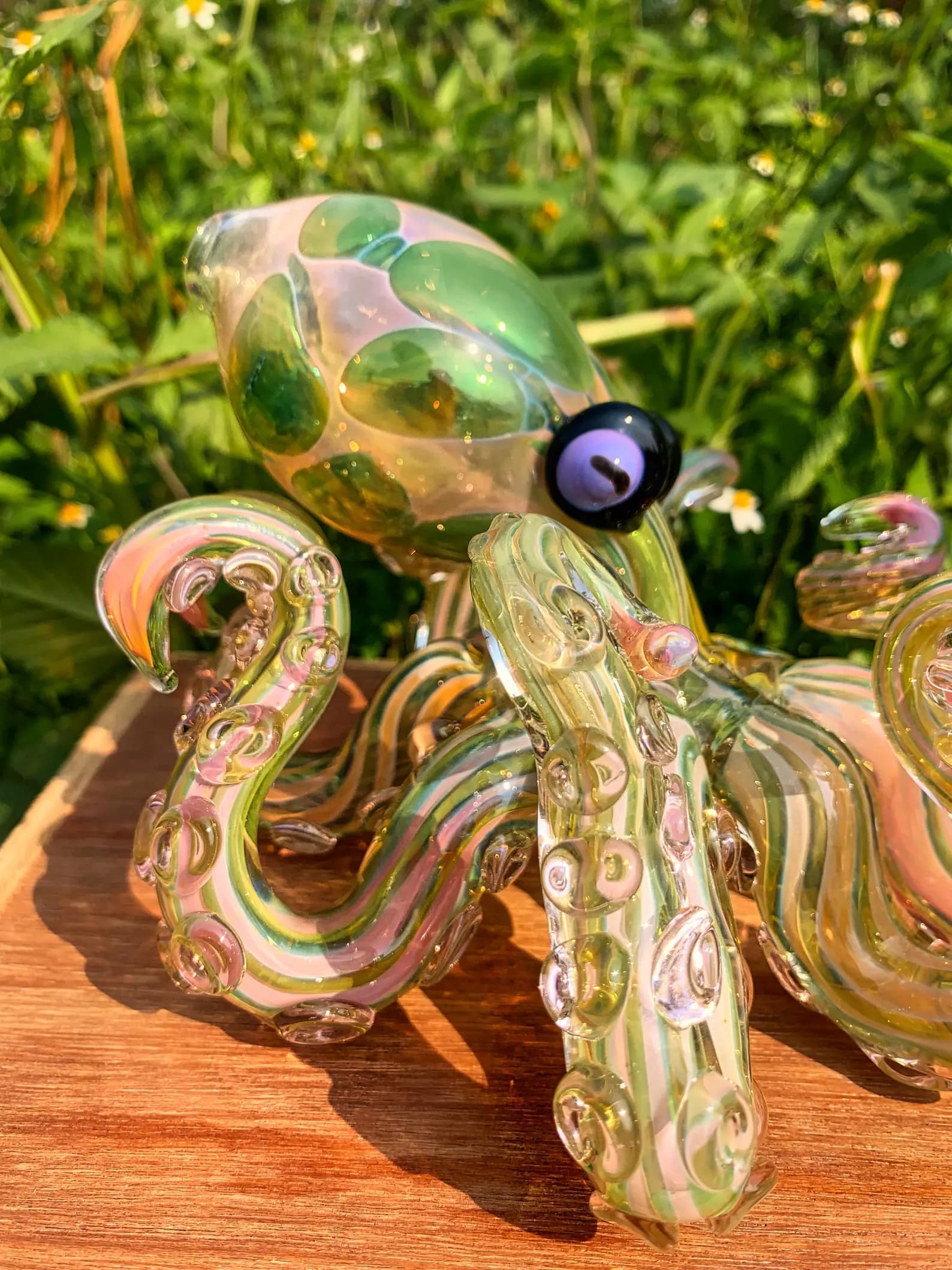Made to Order - Iridescent Green Octopus Art Piece with Clear Suckers & Purple Eyes - Thumbnail 2