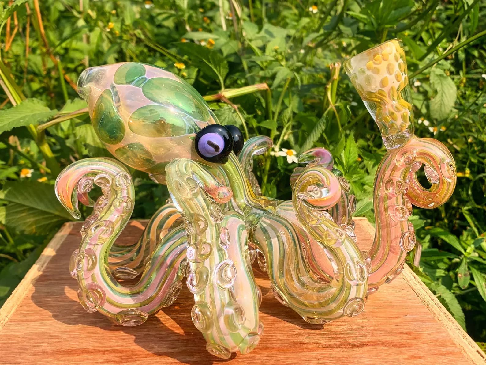 Made to Order - Iridescent Green Octopus Art Piece with Clear Suckers & Purple Eyes - Thumbnail 5
